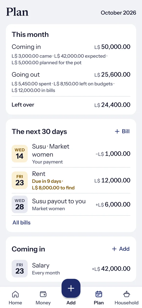 Plan: what is coming in and going out in October, and the next 30 days: a susu payment, rent with L$ 8,000 still to find, and a susu payout.